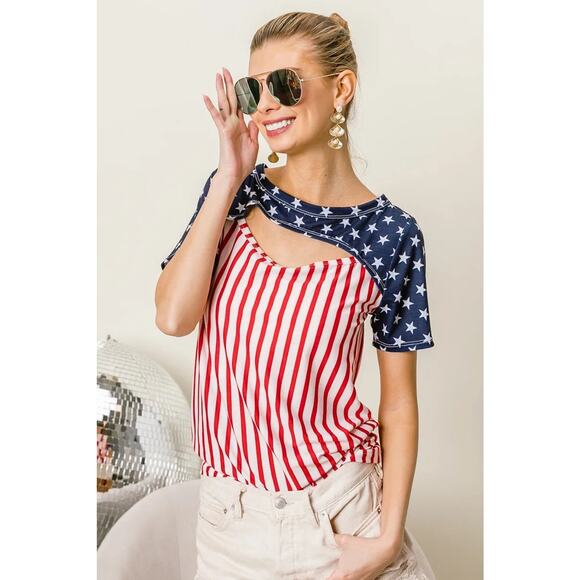BiBi American Flag Theme Front Cut Out Short Sleeves Round Neck Top | Red Stripe - Picture 9 of 12